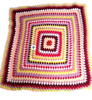 Vintage Handmade Bright Colorful Crochet  1970/1980 Crib Blanket 42''x 42''